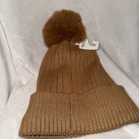Michael Kors Fleece Lined Cuff Beanie Faux Fur Pom - Brown - Picture 5 of 6